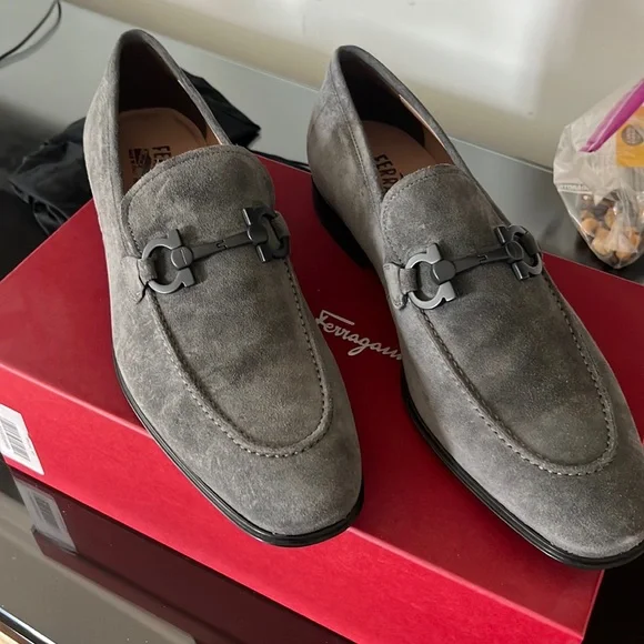Salvatore Ferragamo Gray Suede Loafers with Metal Accent Loafer with Gancini buckle - Men | Ferragamo main image 3